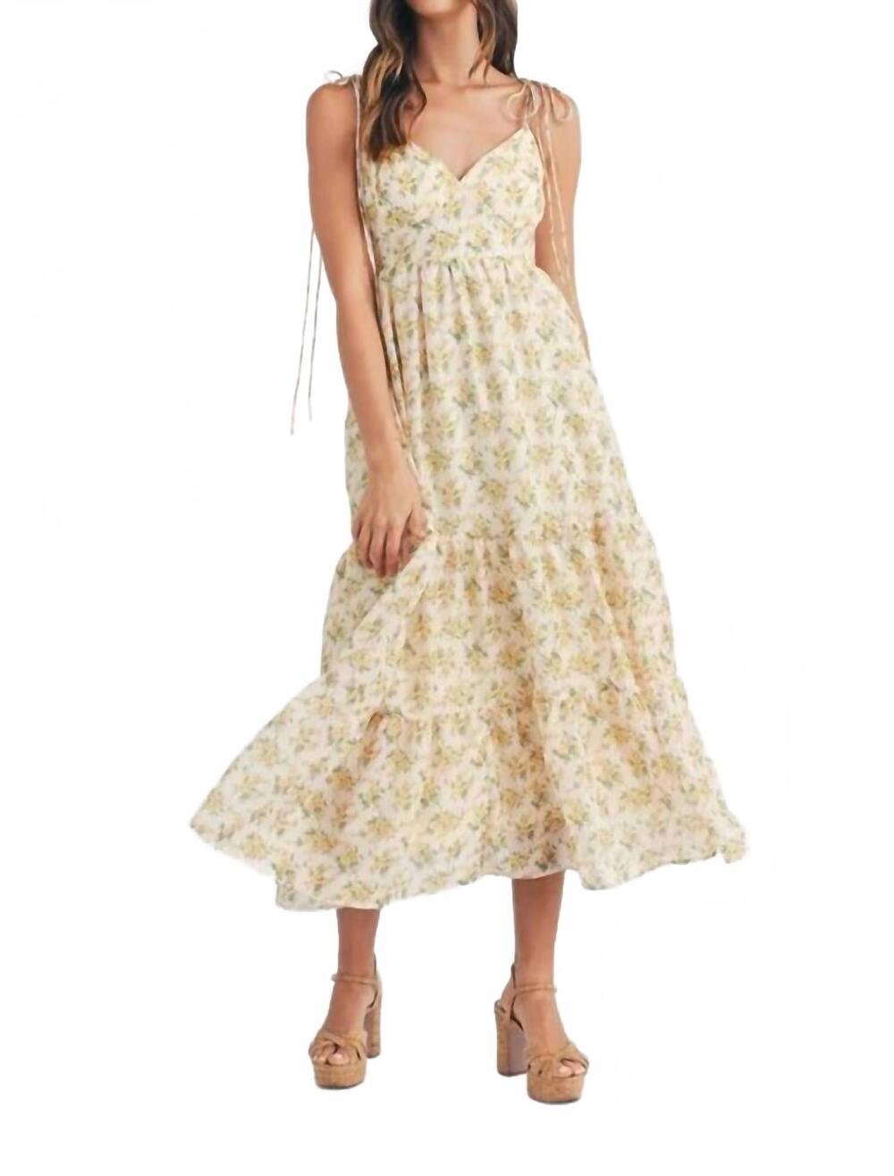 NEW MABLE floral print double self tie tiered midi dress in multi